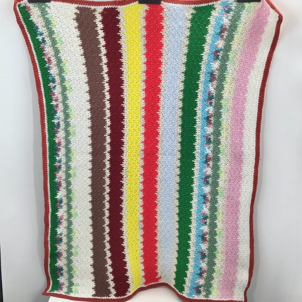 Vintage 1970s Retro Granny Baby Blanket Handmade MCM Colorful Striped Dopamine